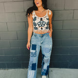 POL Crochet Weave Knit Tank - Blue/Cream - Lace and Grace Boutique
