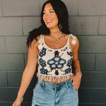 POL Crochet Weave Knit Tank - Blue/Cream - Lace and Grace Boutique