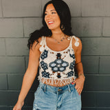 POL Crochet Weave Knit Tank - Blue/Cream - Lace and Grace Boutique