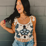 POL Crochet Weave Knit Tank - Blue/Cream - Lace and Grace Boutique