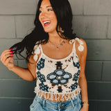 POL Crochet Weave Knit Tank - Blue/Cream - Lace and Grace Boutique