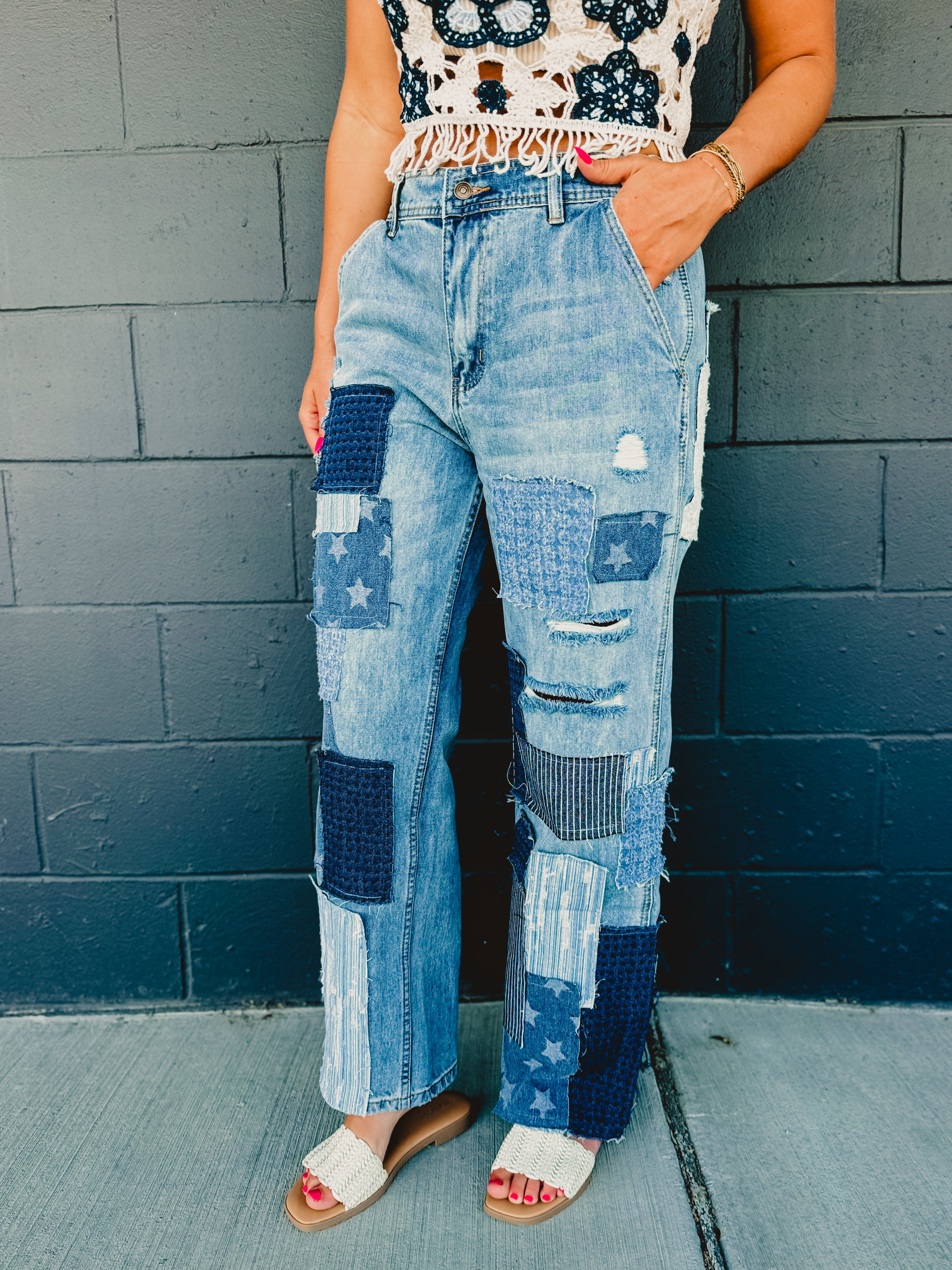 Oli & Hali Washed Patchwork Detail Jeans - Lace and Grace Boutique