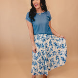 Vintage Floral Pleated Midi Skirt - Blue/White