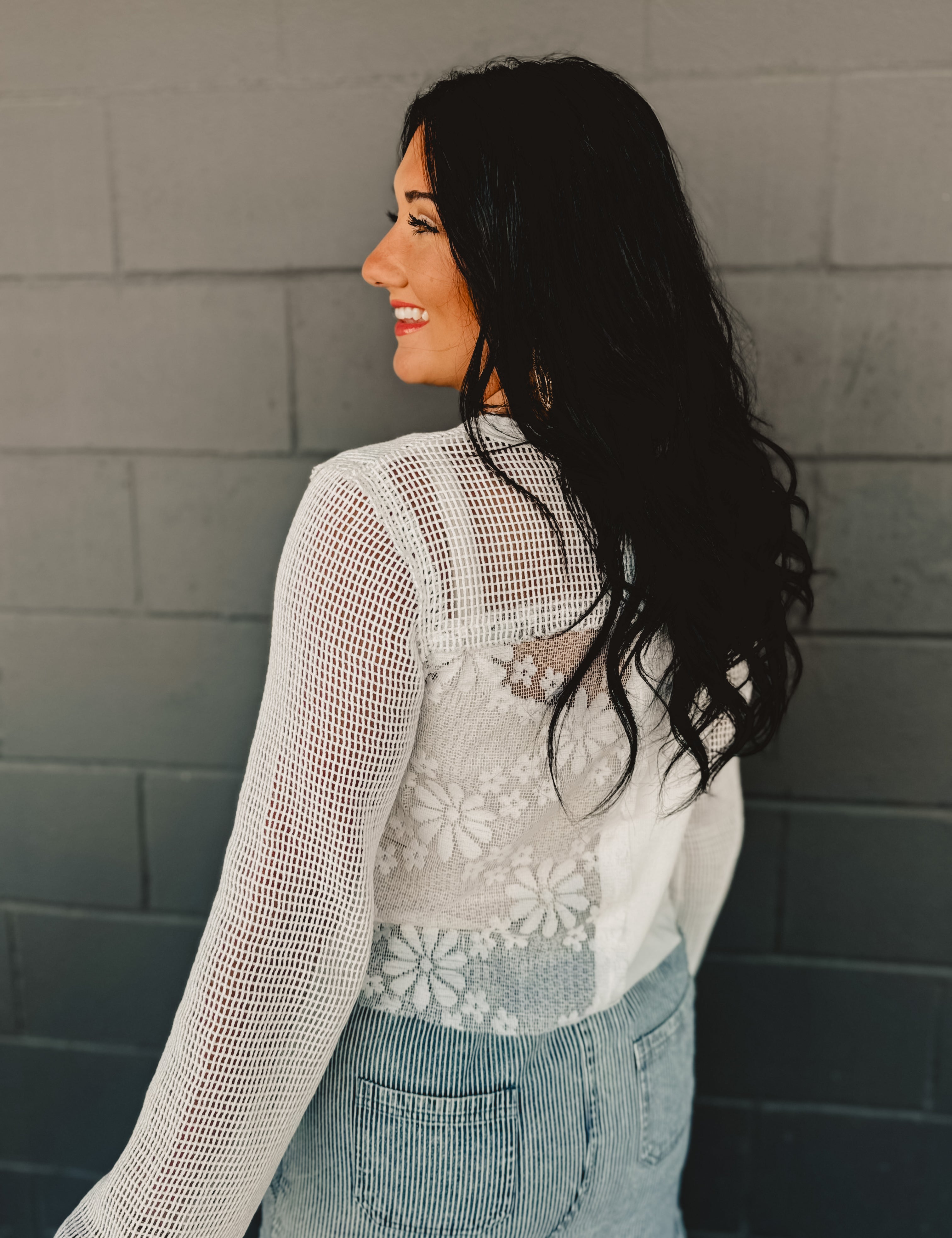 POL Crochet Contrast Long Sleeve Top - Off White - Lace and Grace Boutique