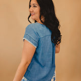 Embroidery Trim Chambray Top - Chambray