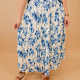 Vintage Floral Pleated Midi Skirt - Blue/White