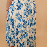 Vintage Floral Pleated Midi Skirt - Blue/White