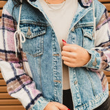 Brushed Plaid Contrast Hooded Denim Jacket