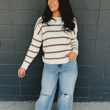 Striped Crewneck Ribbed Knit Sweater - Cream