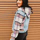 Brushed Plaid Contrast Hooded Denim Jacket