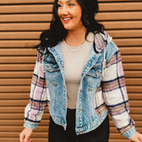 Brushed Plaid Contrast Hooded Denim Jacket