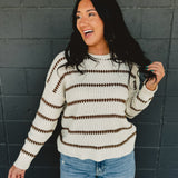 Striped Crewneck Ribbed Knit Sweater - Cream