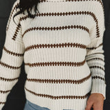 Striped Crewneck Ribbed Knit Sweater - Cream