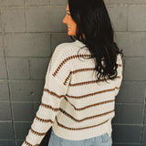Striped Crewneck Ribbed Knit Sweater - Cream