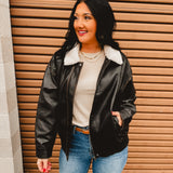 Leather Shearling Collared Jacket - Black