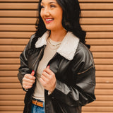 Leather Shearling Collared Jacket - Black