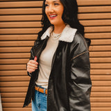 Leather Shearling Collared Jacket - Black