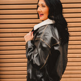 Leather Shearling Collared Jacket - Black