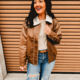 Leather Shearling Collared Jacket - Brown