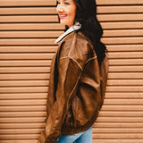 Leather Shearling Collared Jacket - Brown