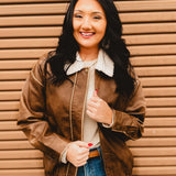 Leather Shearling Collared Jacket - Brown