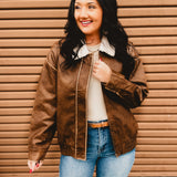 Leather Shearling Collared Jacket - Brown