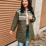 Sherpa Detail Quilted Long Puffer Coat - Olive