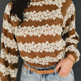 Striped Floral Mock Neck Knit Top - Mocha