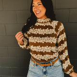 Striped Floral Mock Neck Knit Top - Mocha