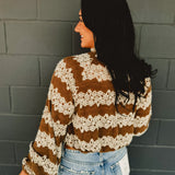 Striped Floral Mock Neck Knit Top - Mocha
