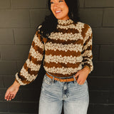 Striped Floral Mock Neck Knit Top - Mocha