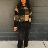 Plaid Knit Crewneck Pullover Sweater - Black