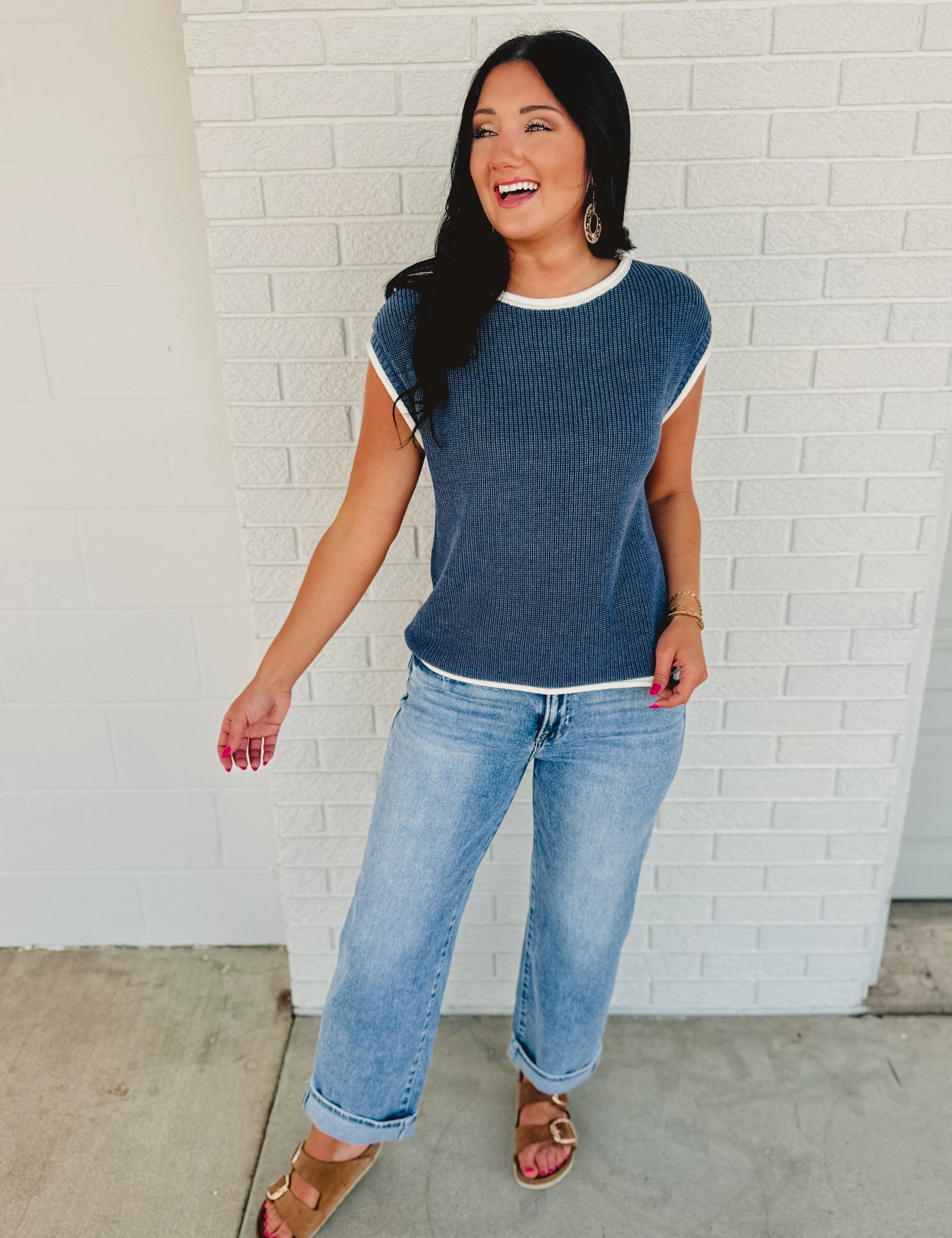 Contrast Rolled Edge Sweater - Nile Blue - Lace and Grace Boutique