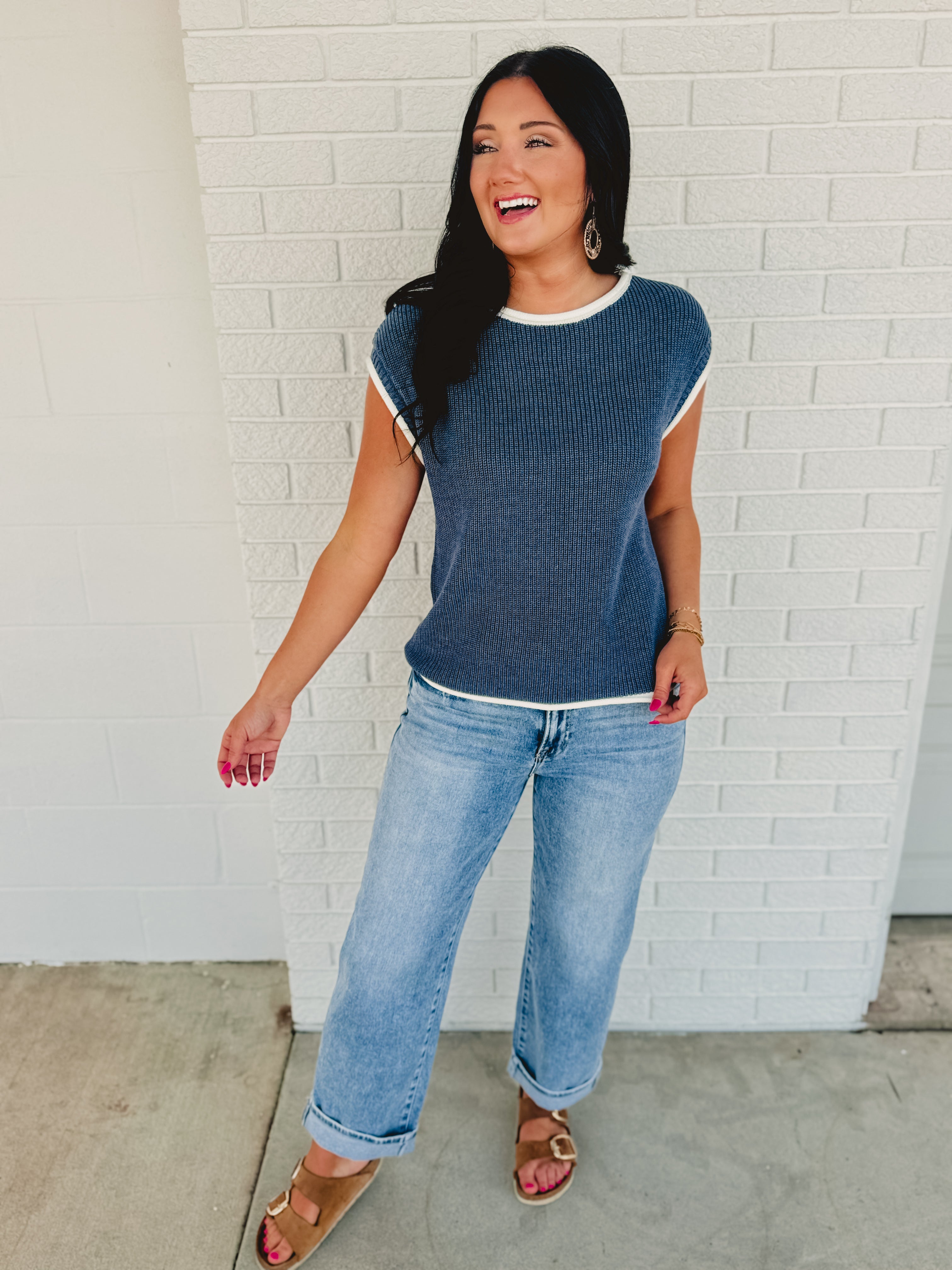 Contrast Rolled Edge Sweater - Nile Blue - Lace and Grace Boutique