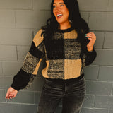 Plaid Knit Crewneck Pullover Sweater - Black