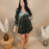 Crushed Velvet Babydoll Dress - Olive