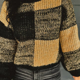 Plaid Knit Crewneck Pullover Sweater - Black