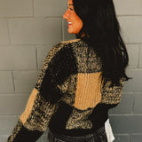 Plaid Knit Crewneck Pullover Sweater - Black