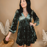 Crushed Velvet Babydoll Dress - Olive