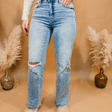 Olivia High Rise Raw Hem Wide Leg Jean - Light Wash