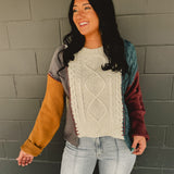 Colorblock Cable Knit Sweater Top - Beige Multi