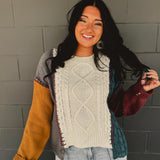 Colorblock Cable Knit Sweater Top - Beige Multi