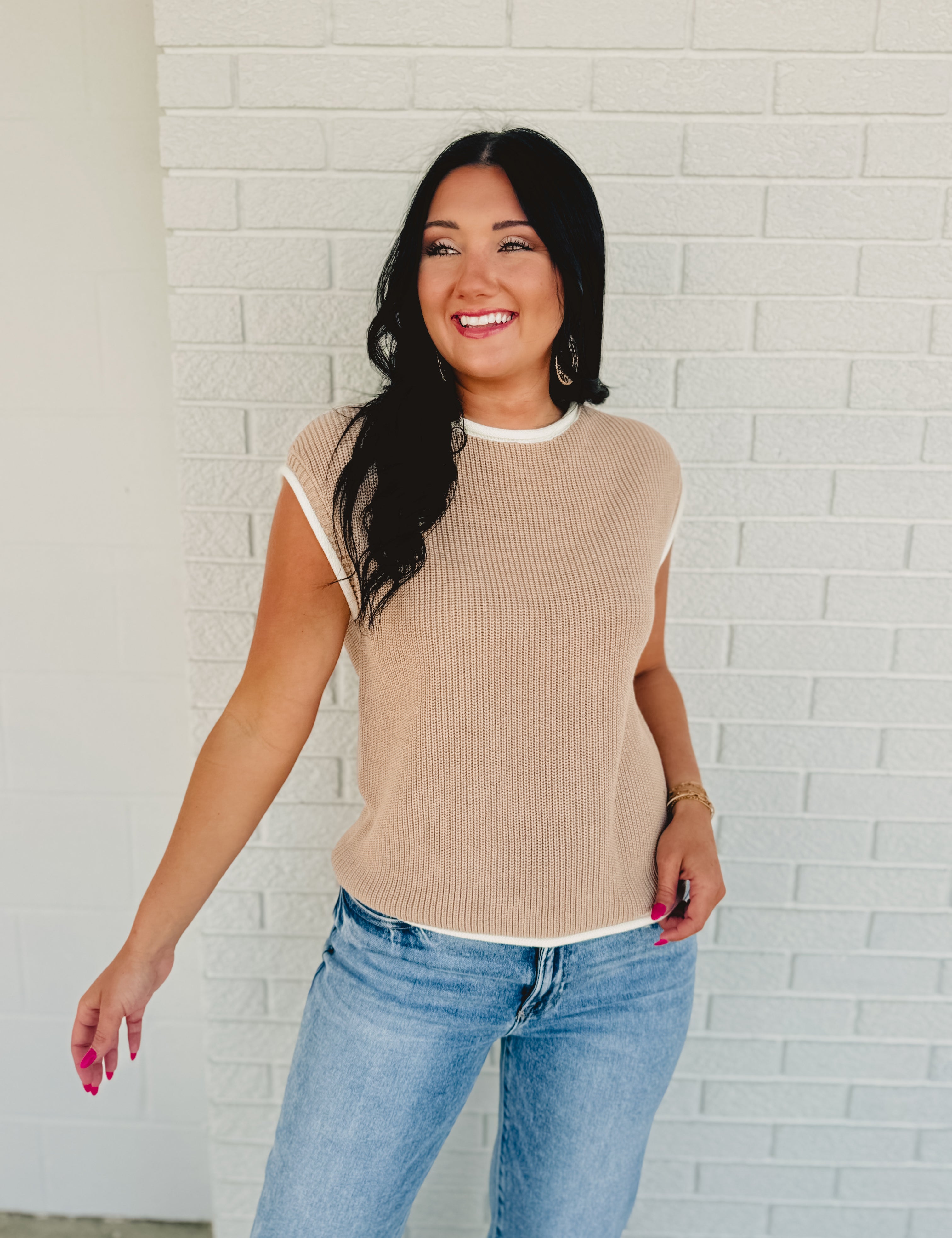 Contrast Rolled Edge Sweater - Natural - Lace and Grace Boutique