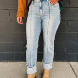 Front Seam High Rise-Ankle Wide Cuffed Jeans - Light Denim