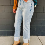 Front Seam High Rise-Ankle Wide Cuffed Jeans - Light Denim