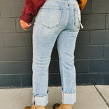 Front Seam High Rise-Ankle Wide Cuffed Jeans - Light Denim