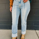 Front Seam High Rise-Ankle Wide Cuffed Jeans - Light Denim