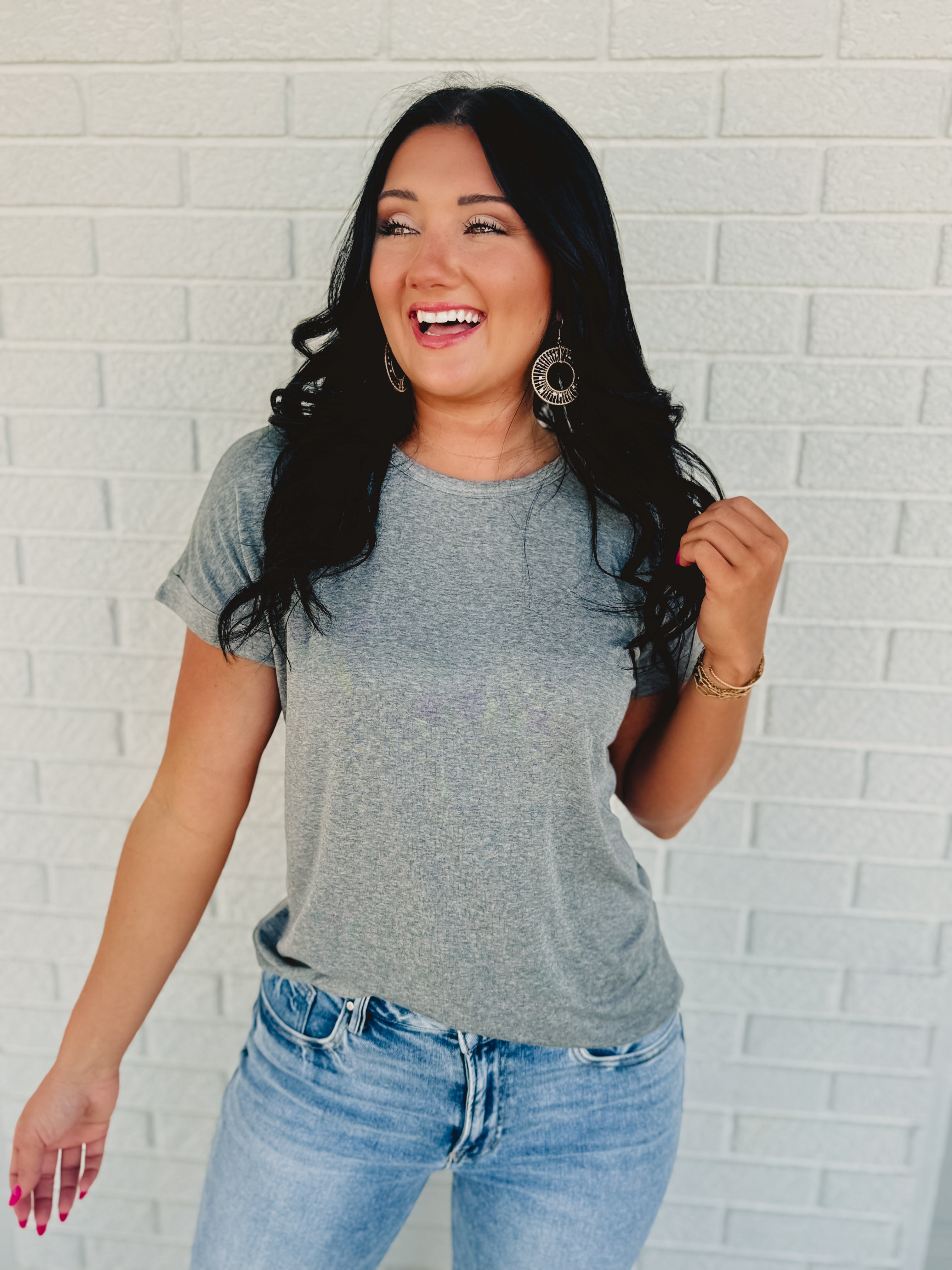 Ultra Soft Rolled Sleeve Basic Tee - Heather Grey - Lace and Grace Boutique