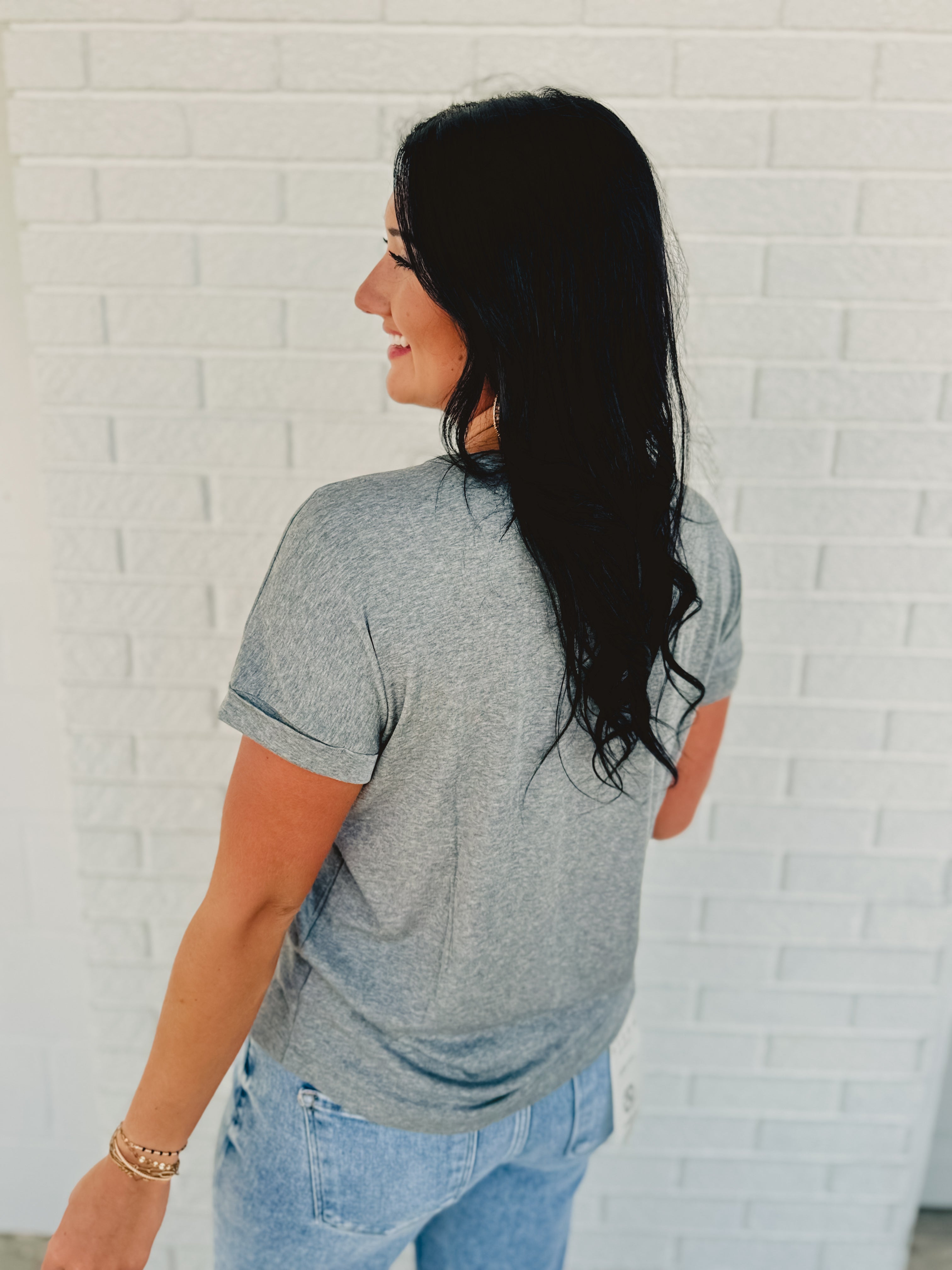 Ultra Soft Rolled Sleeve Basic Tee - Heather Grey - Lace and Grace Boutique