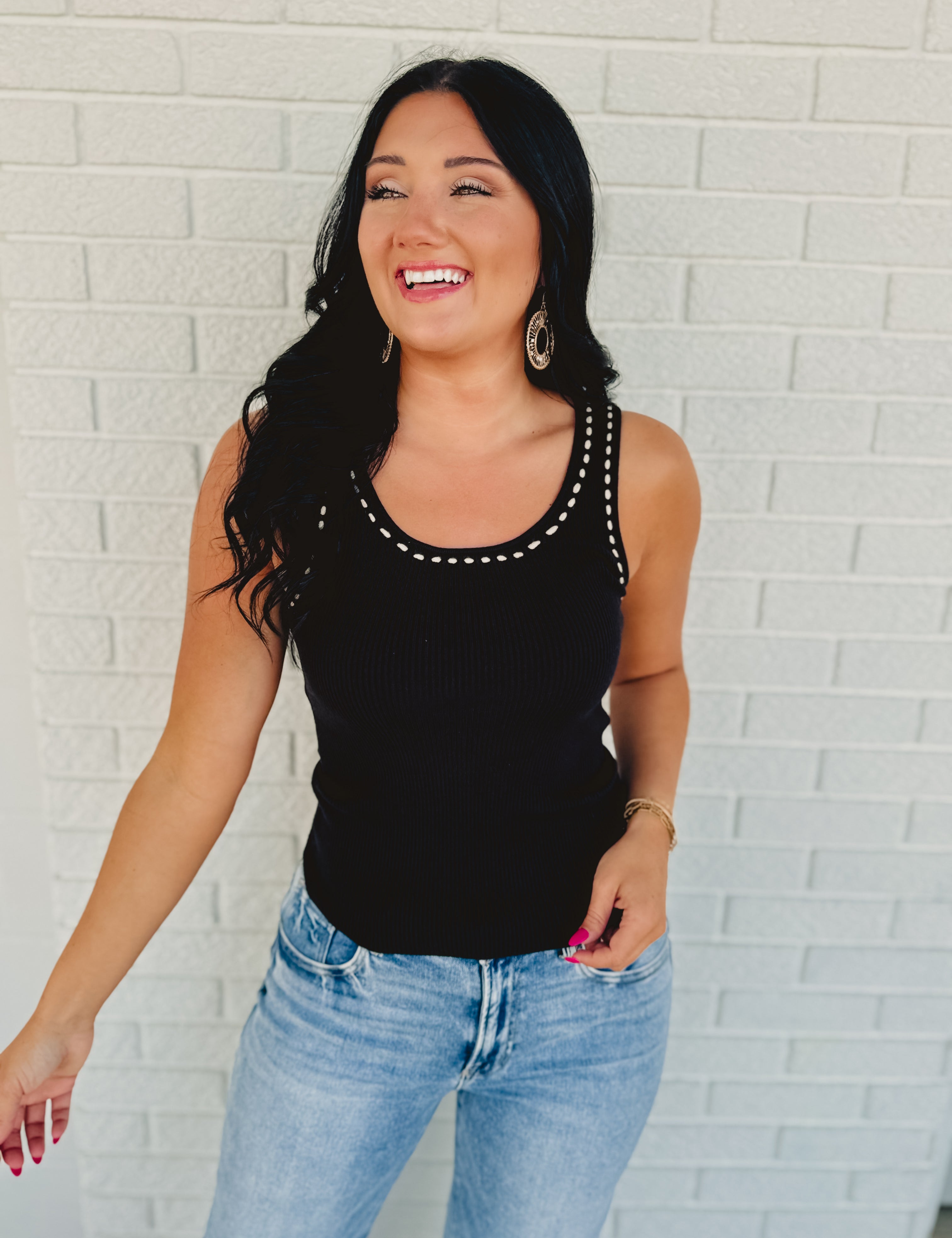 Scoop Neck Detail Knit Sweater Tank - Black - Lace and Grace Boutique